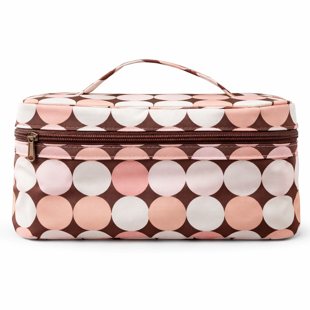 Contents Pink & Brown Polka Dot Train Case Cosmetic Organizer Travel Makeup Bag